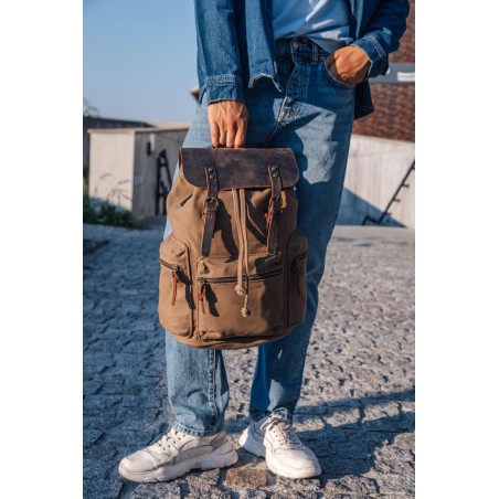 Canvas backpack with a leather flap