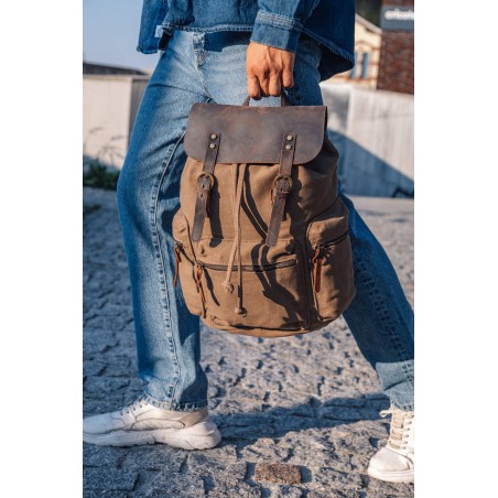 Canvas backpack with a leather flap